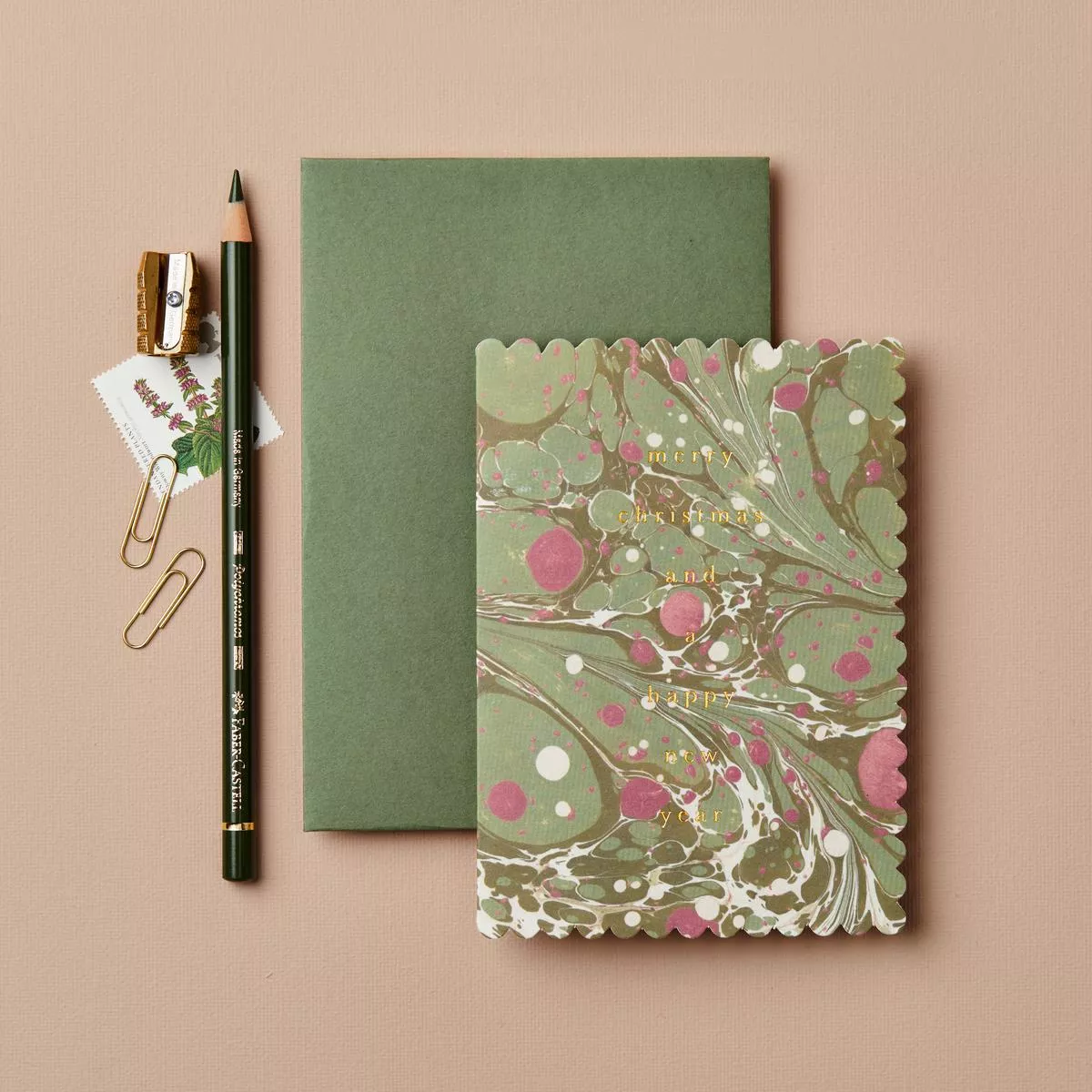 ’Merry Christmas ’ Green Marble Greetings Card