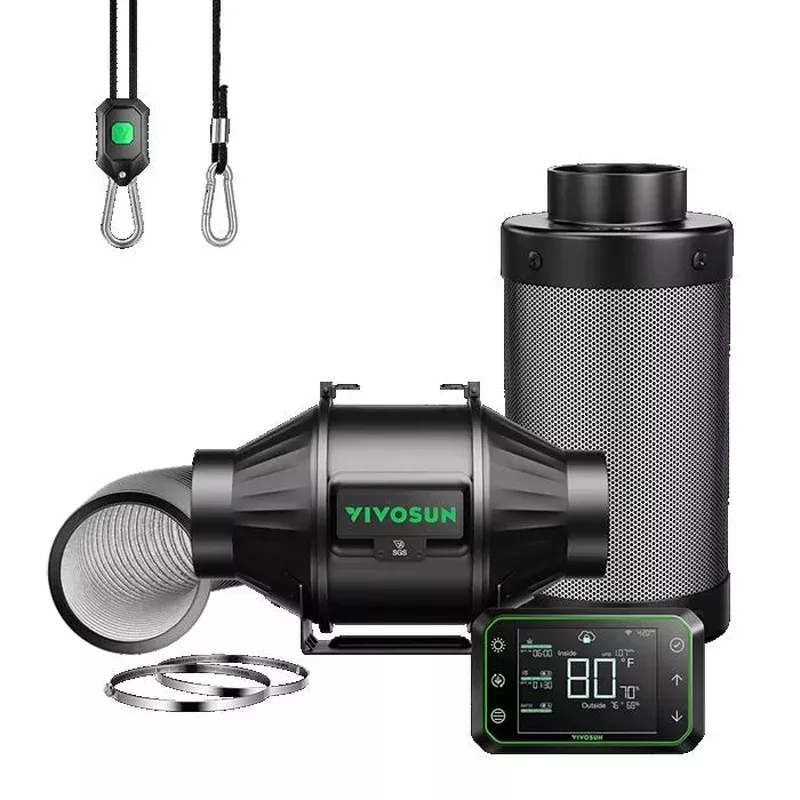 Vivosun Smart Air Filtration Kit Pro, AeroZesh T4 Inline Fan, E42A Controller, Carbon Filter, & Ducting Combo, 4″